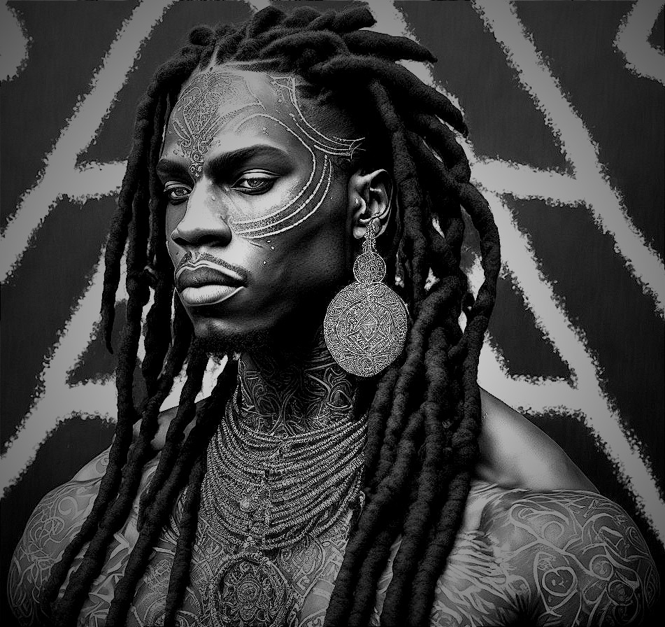 Black-and-White Portrait of a Man with Tattoos and Dreadlocks