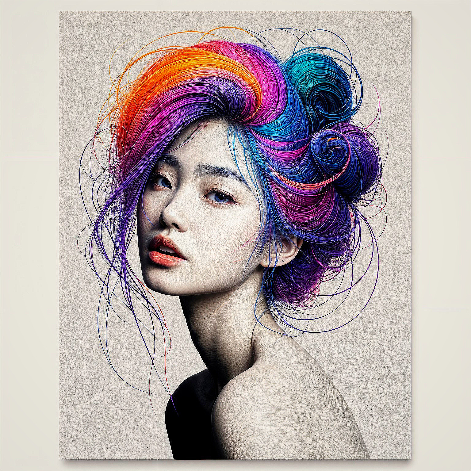 Portrait of a young woman with vibrant multi-colored hair