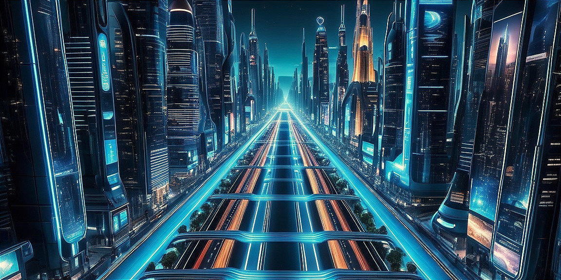 Futuristic Night Cityscape with Neon Lights and Skyscrapers