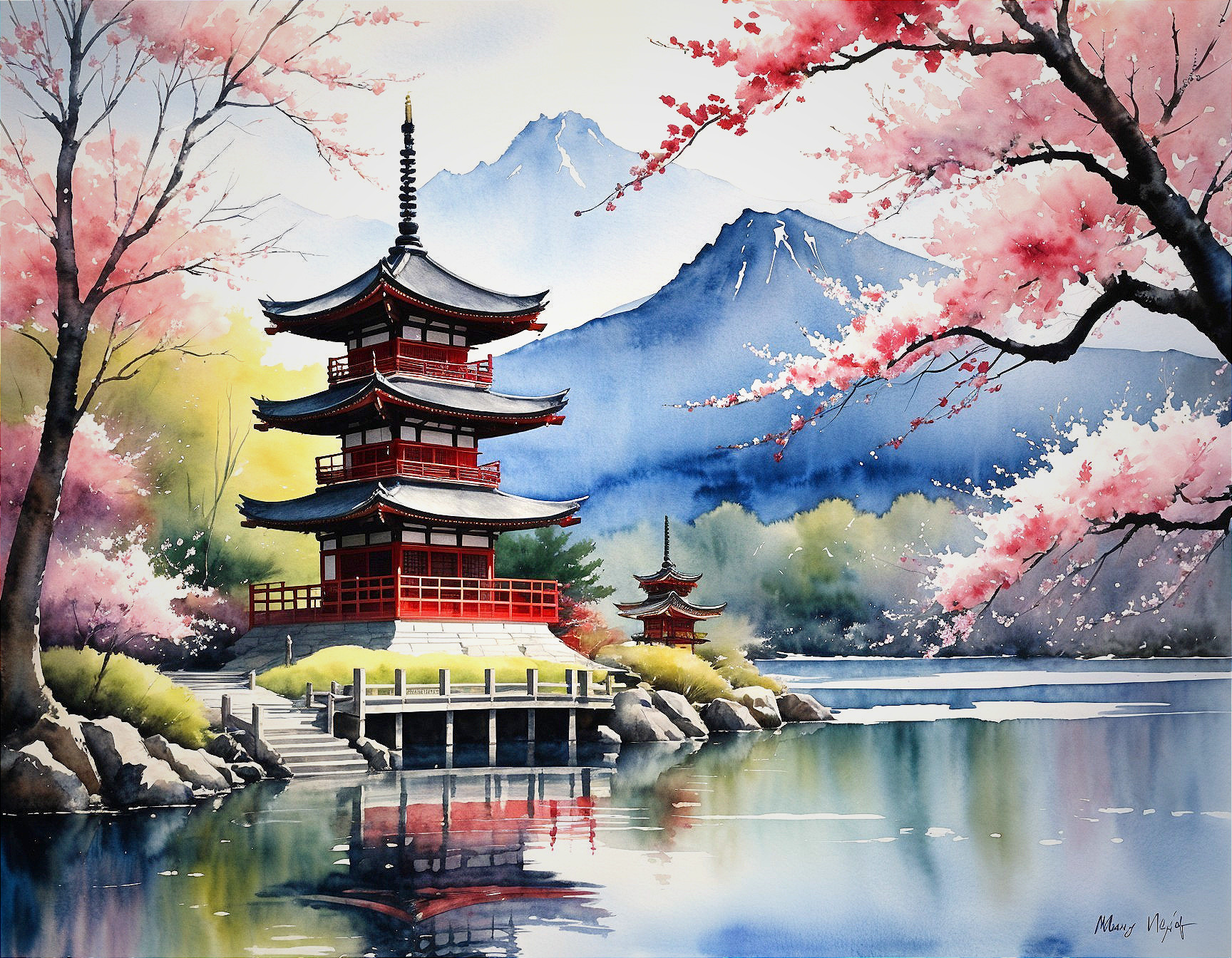 Serene Japanese Landscape with Pagoda and Cherry Blossoms