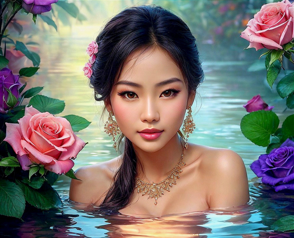 Young Woman in Tranquil Pool Surrounded by Roses