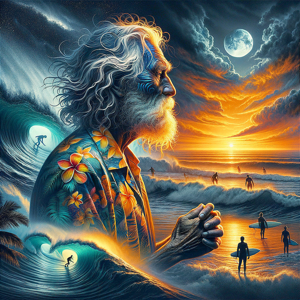 Elderly Man in Floral Shirt Against Sunset Ocean Scene
