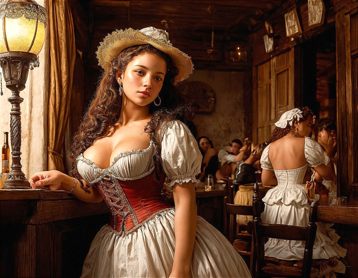 Elegant Woman in Period Dress at Dimly Lit Tavern