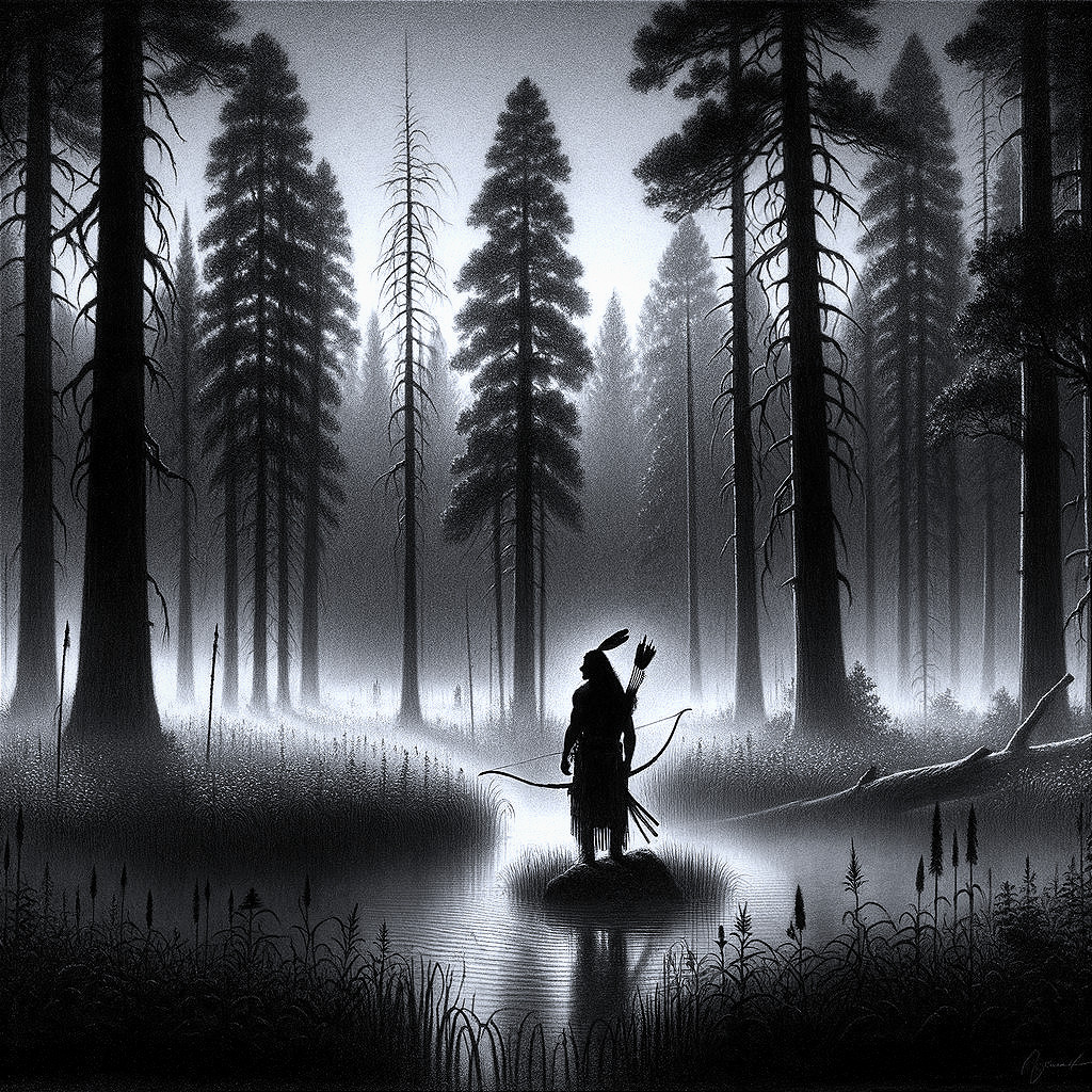 Lone Figure in Misty Forest with Bow and Quiver