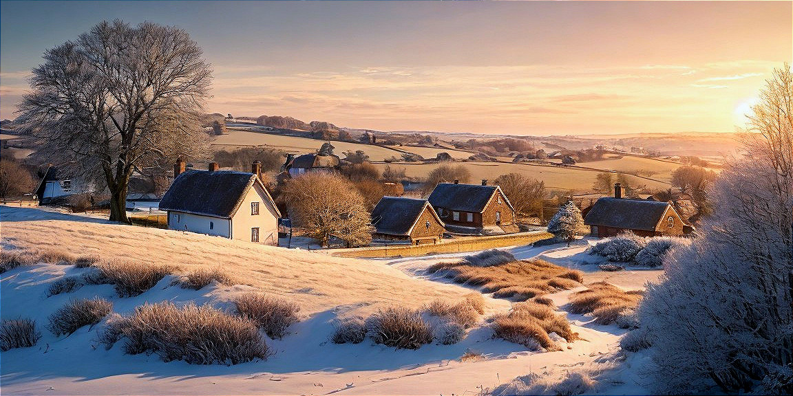 Serene Winter Landscape with Cottages and Snow