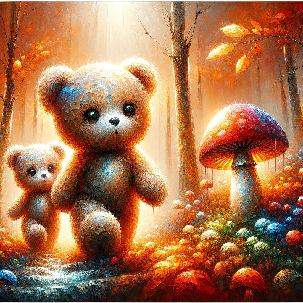 Teddy Bears Walking in a Magical Forest Setting