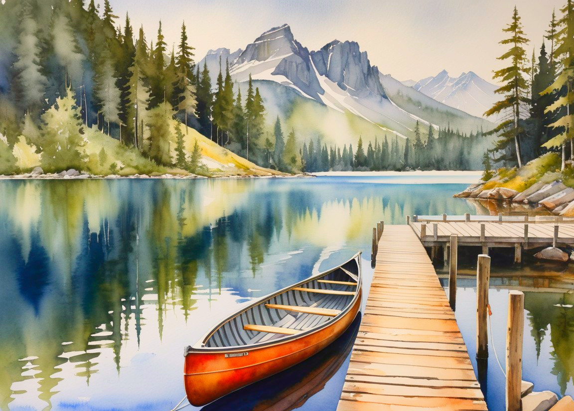 Serene landscape with lake, mountains, and canoe