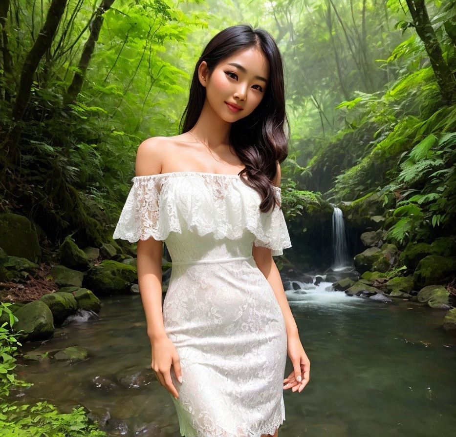 Young Woman by Serene Stream in Lush Forest Setting