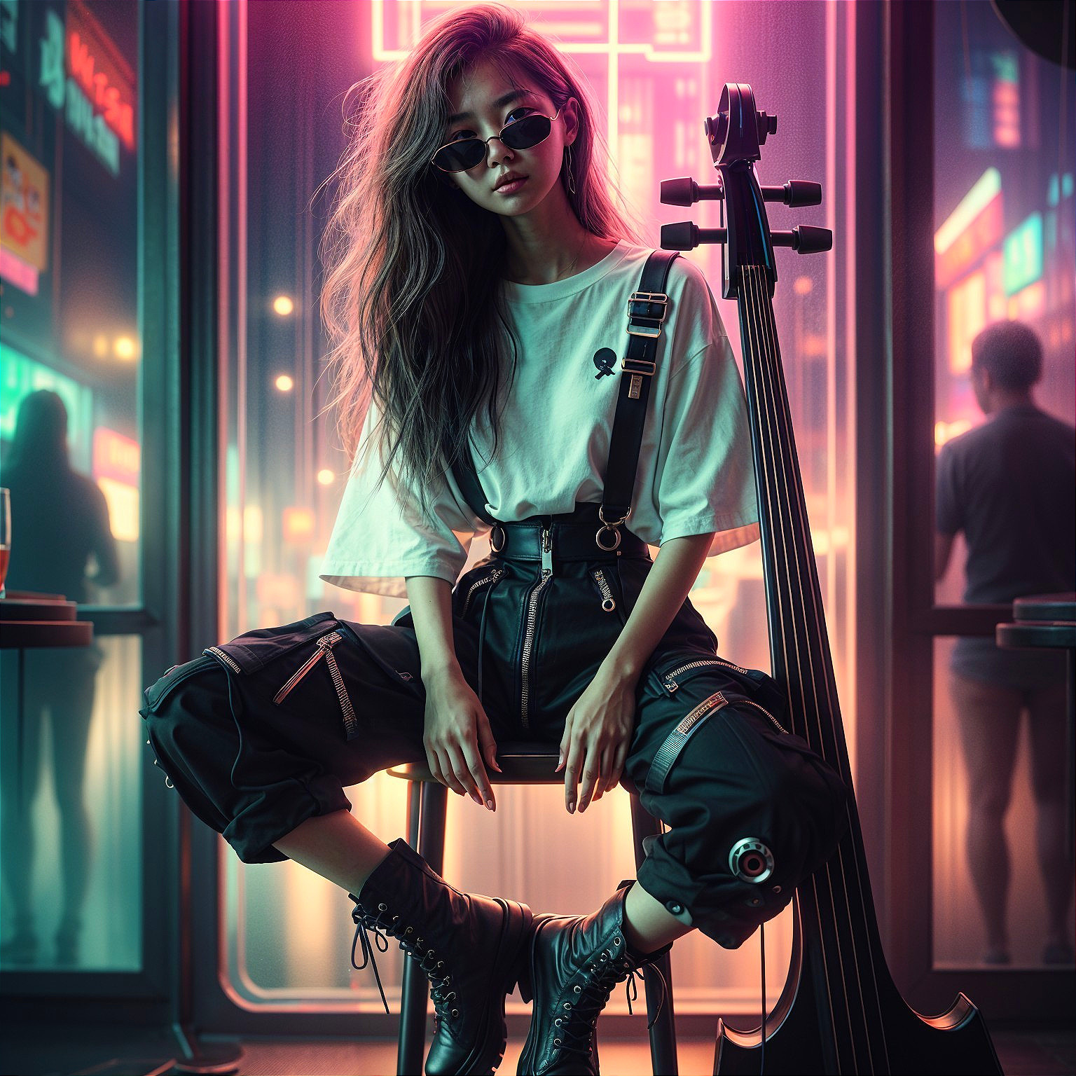 Stylish Individual with Double Bass in Urban Setting