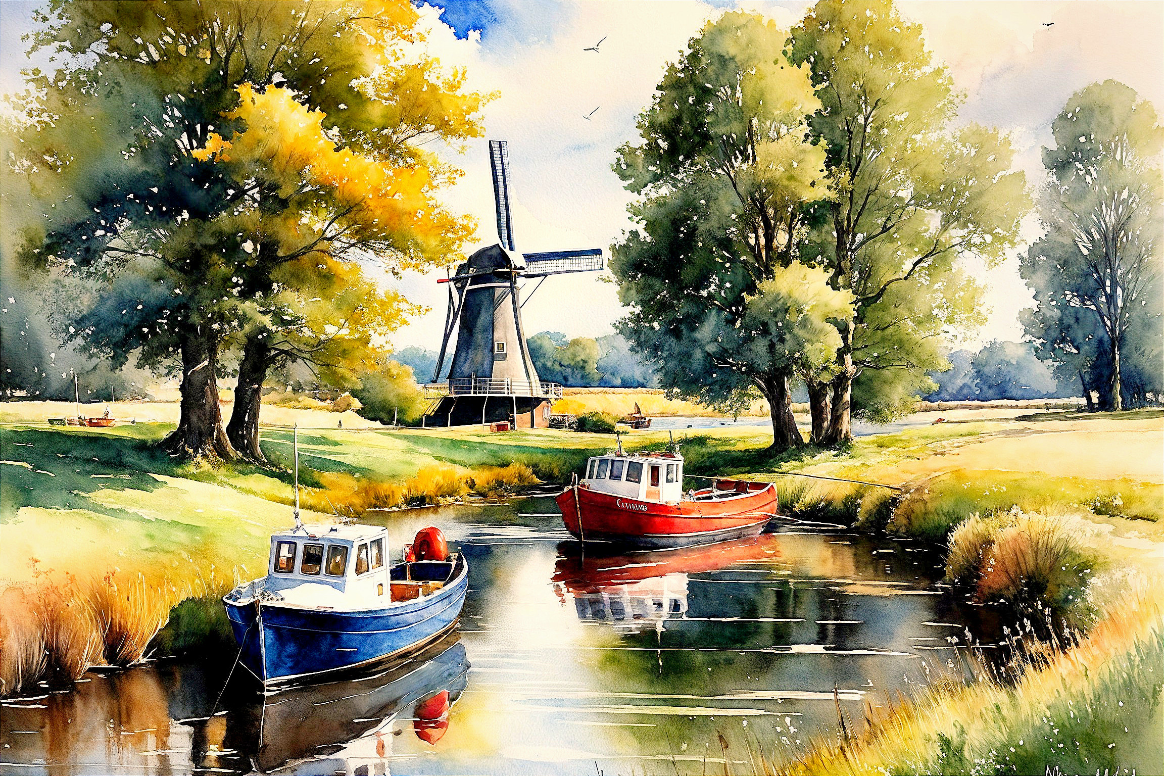 Traditional Windmill by Tranquil Waterway Landscape