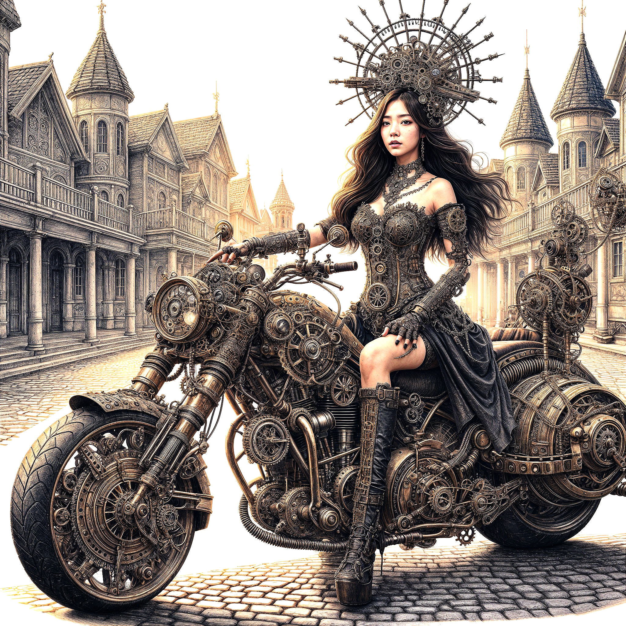Steampunk Woman on Intricate Gear-Designed Motorcycle