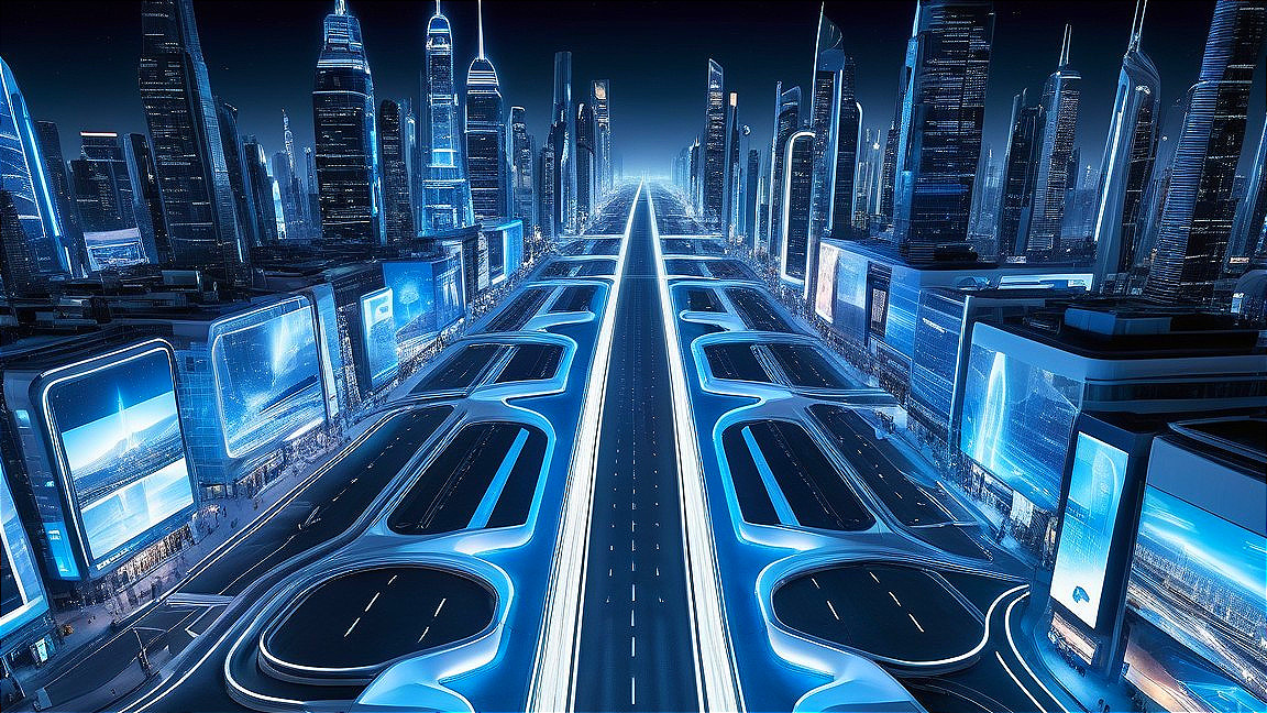 Futuristic cityscape with blue lights and skyscrapers