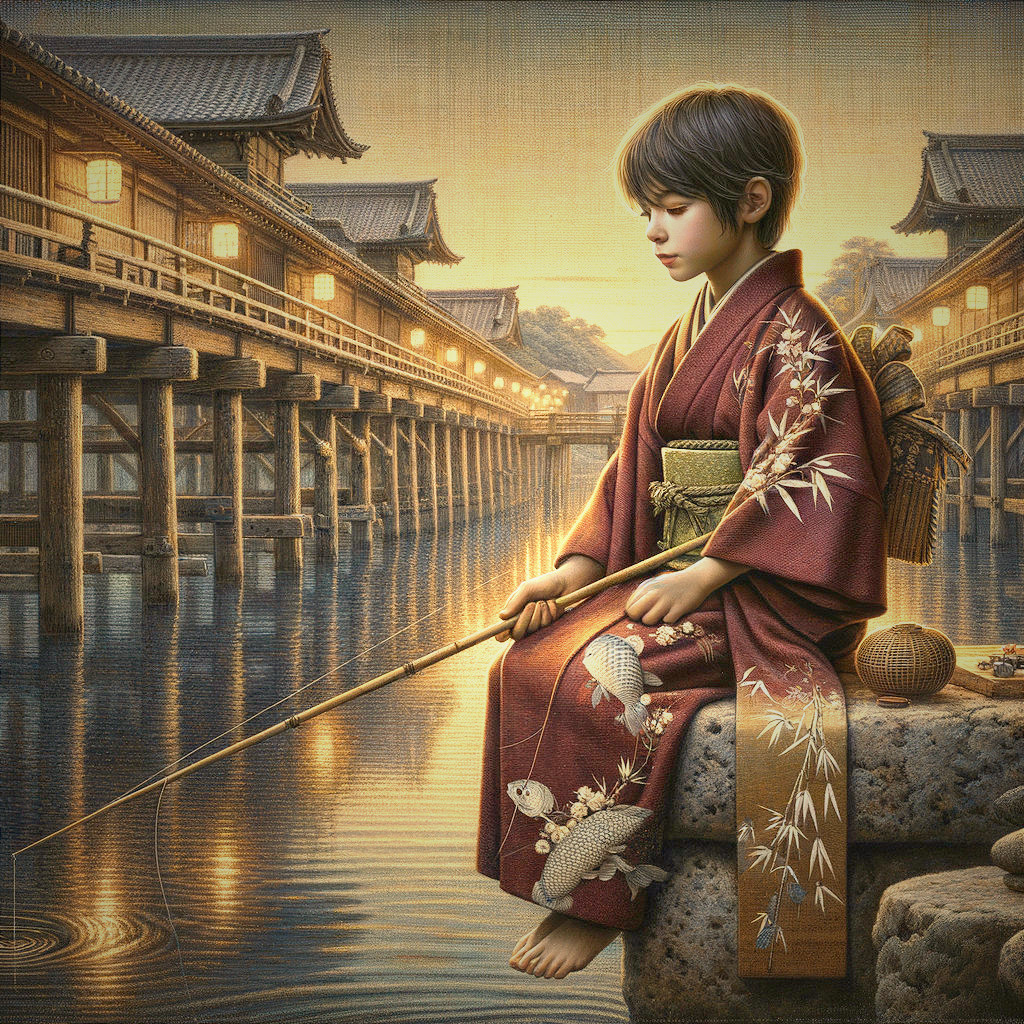 Child in Kimono Fishing by Serene Riverside