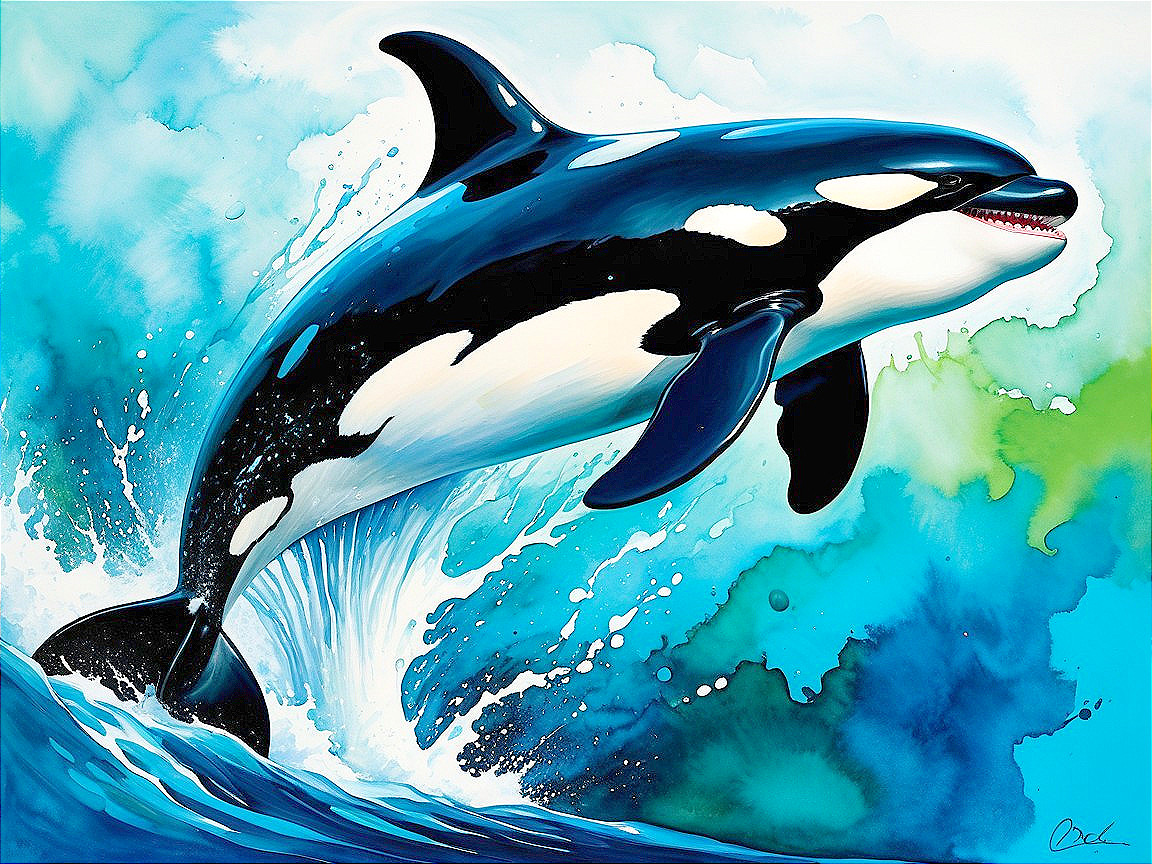 Vibrant Illustration of an Orca Leaping from Waves