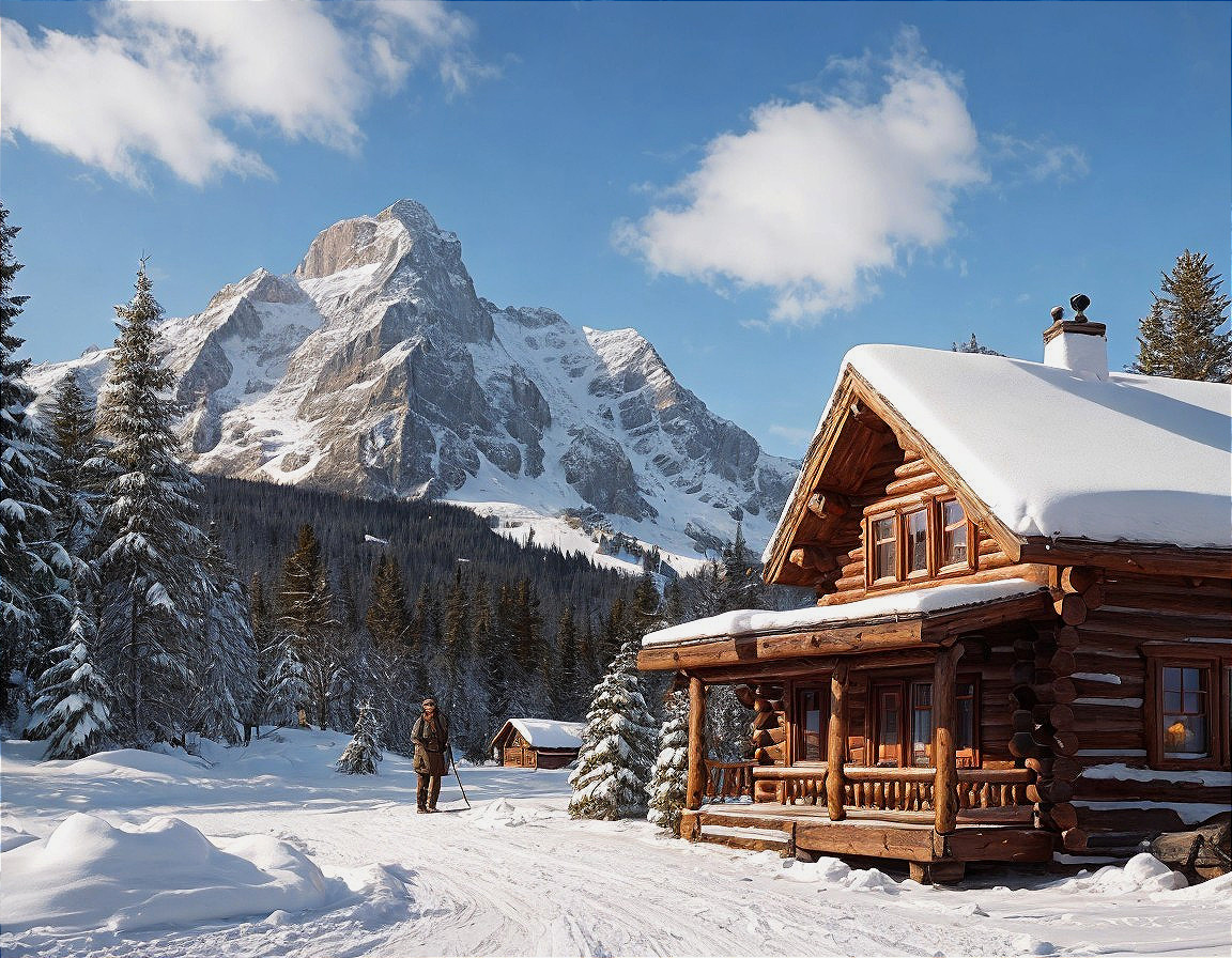 Cozy log cabin in a snowy landscape with mountains