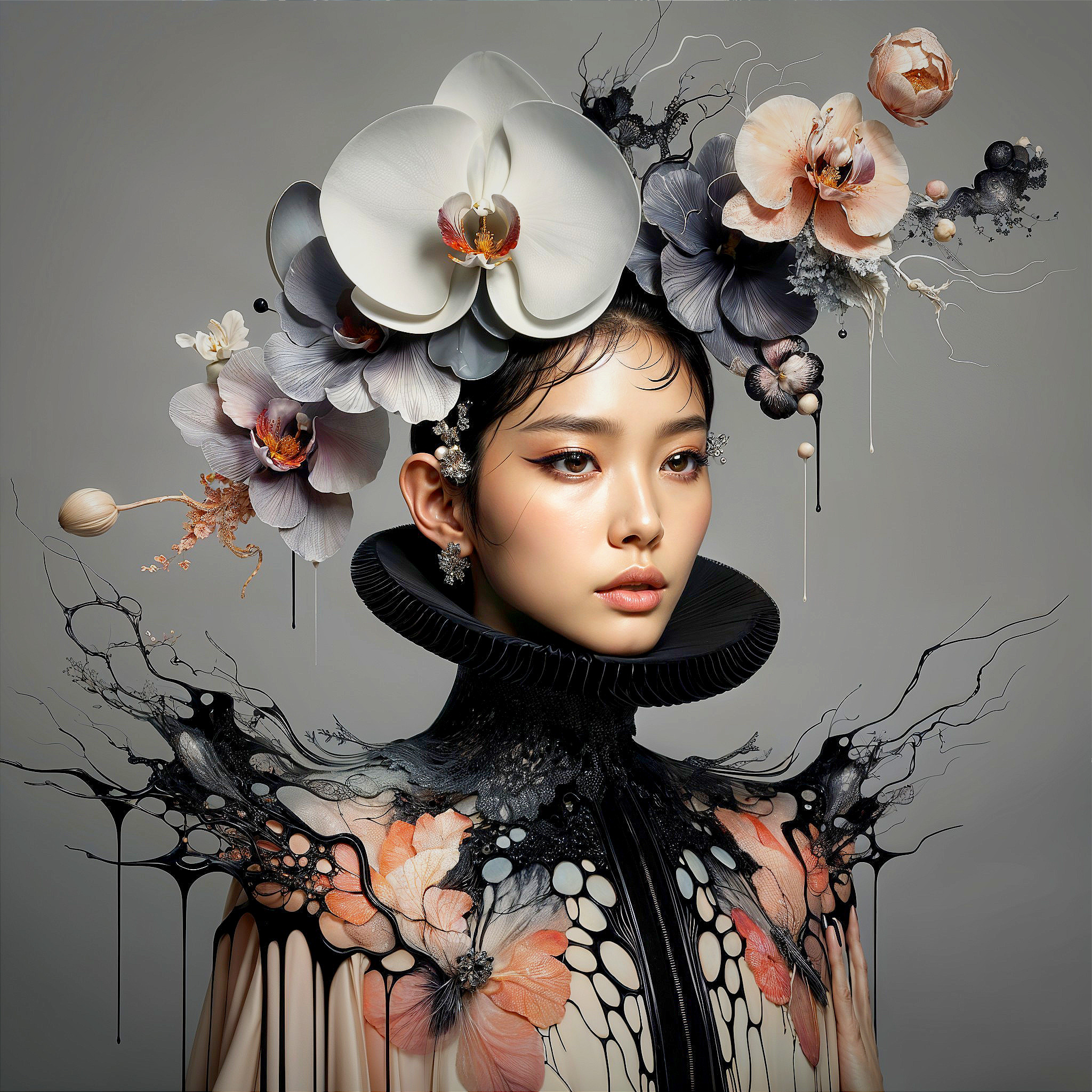 Portrait of a Woman with Orchid Headpiece and Collar