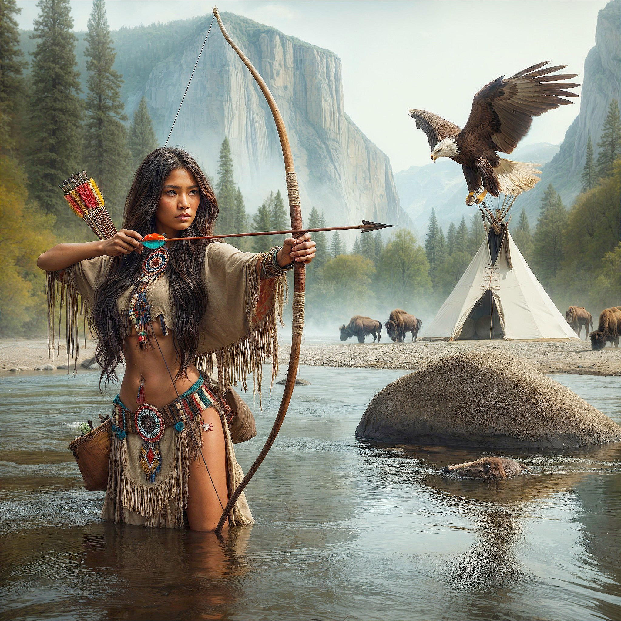 Native American Woman with Bow in Natural Landscape