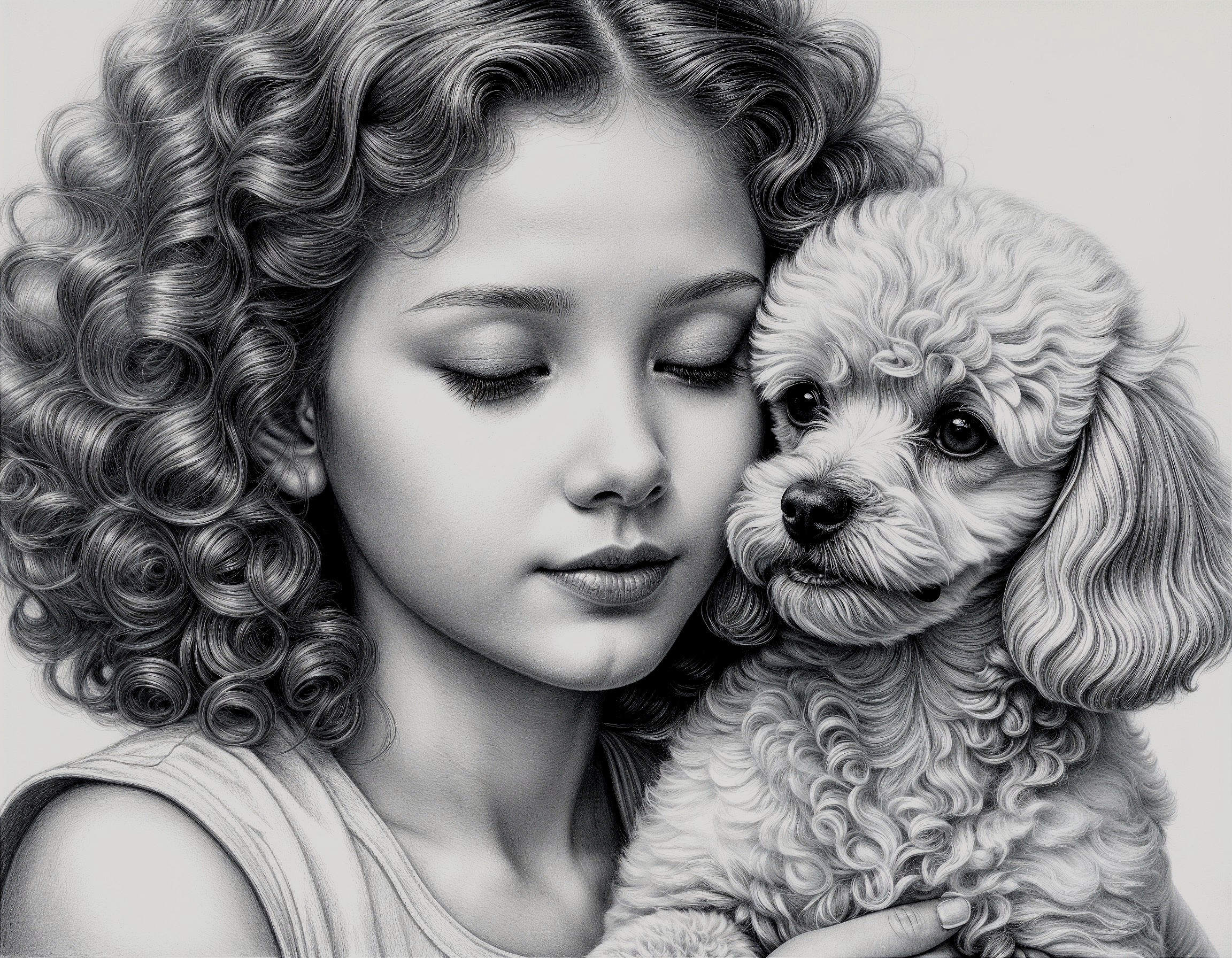 Monochromatic Artwork of Girl Embracing Poodle