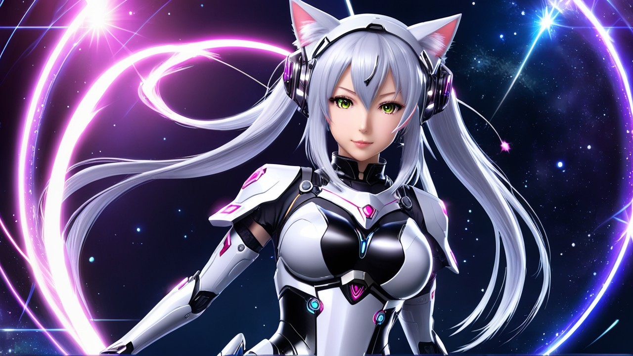 Futuristic anime character with silver hair and cat ears