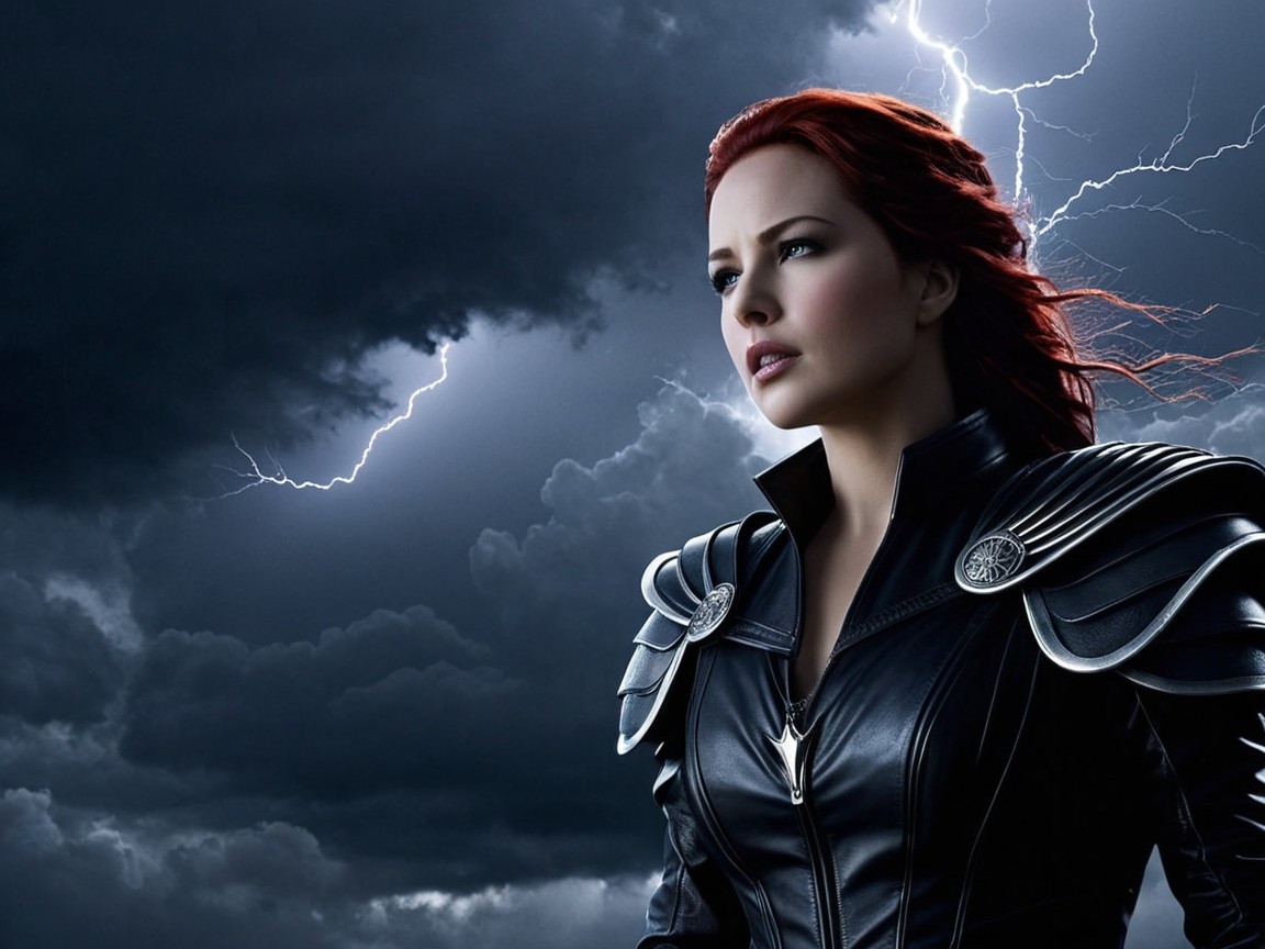 Fierce character in stormy sky with red hair and black outfit