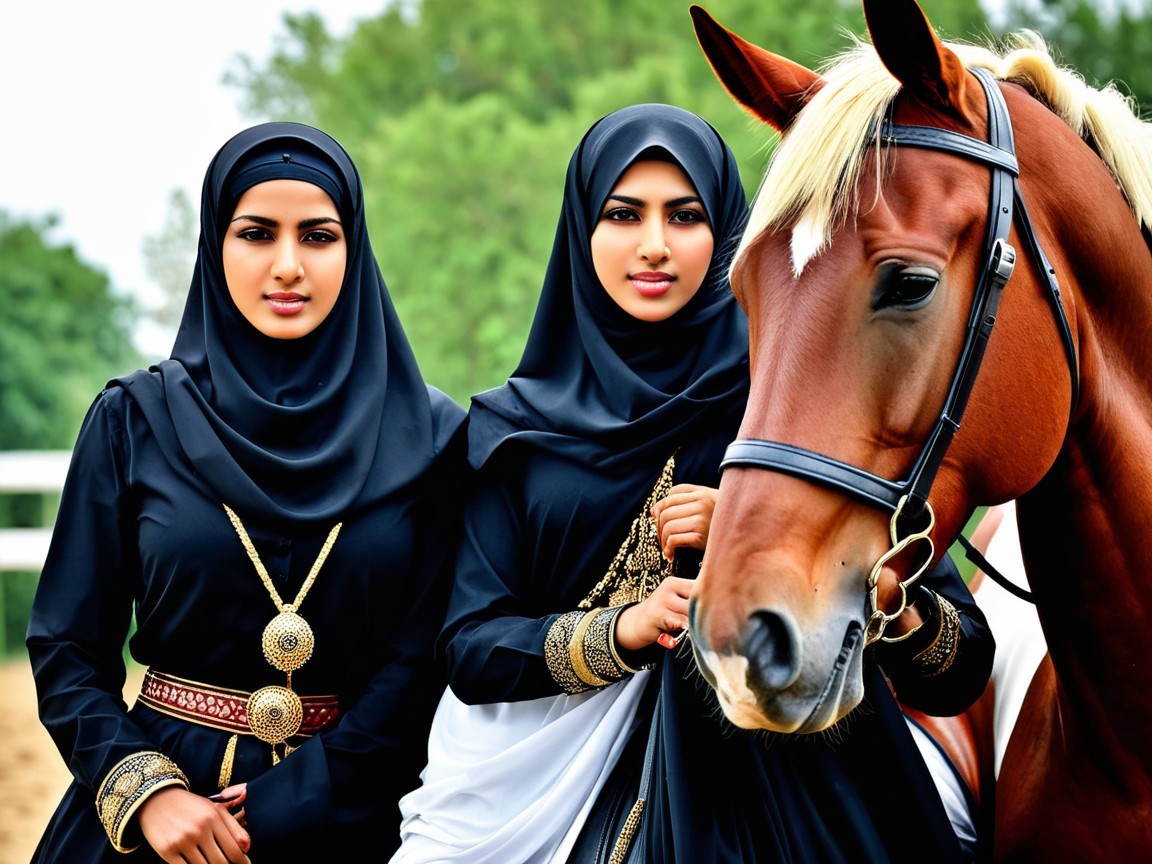 Elegant Women in Traditional Black Attire with Horse