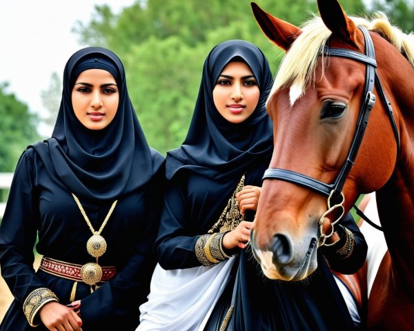 Elegant Women in Traditional Black Attire with Horse