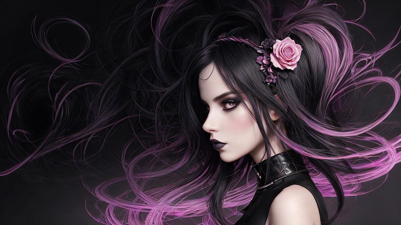 Portrait of a Young Woman with Black-Purple Hair