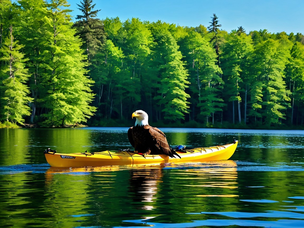 Bald Eagle on Kayak in Tranquil Lake Scene