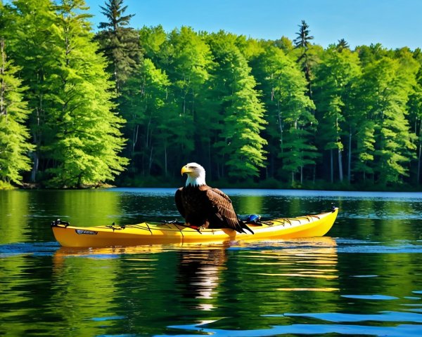 Bald Eagle on Kayak in Tranquil Lake Scene