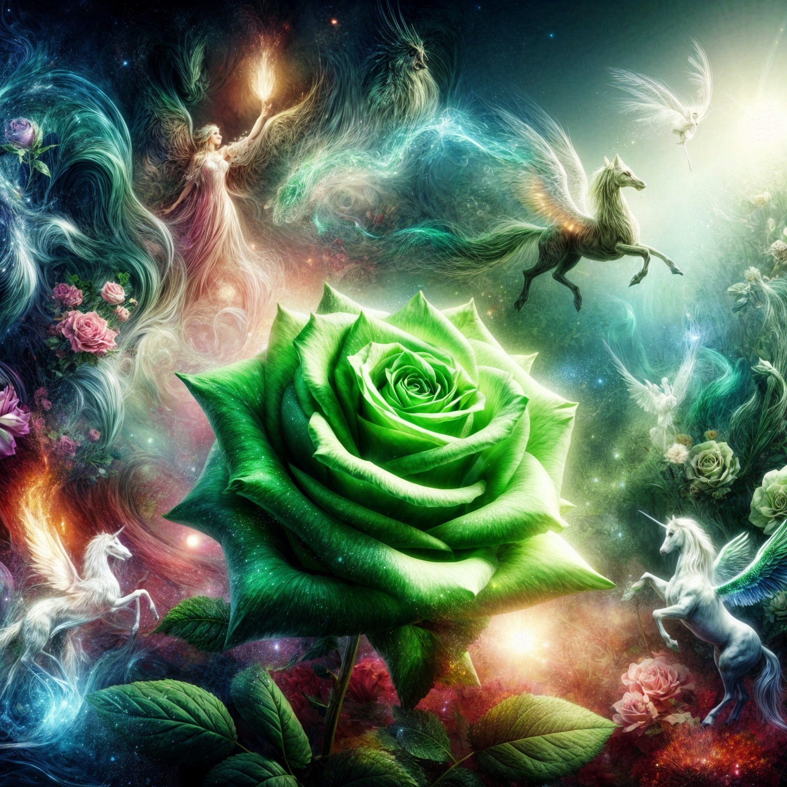 Vibrant Green Rose in a Cosmic Fantasy Landscape