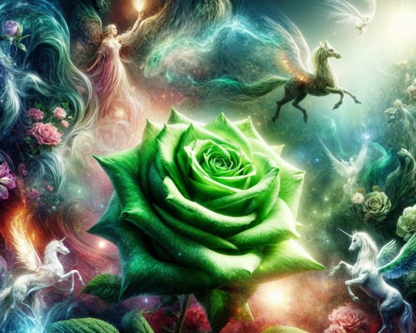 Vibrant Green Rose in a Cosmic Fantasy Landscape
