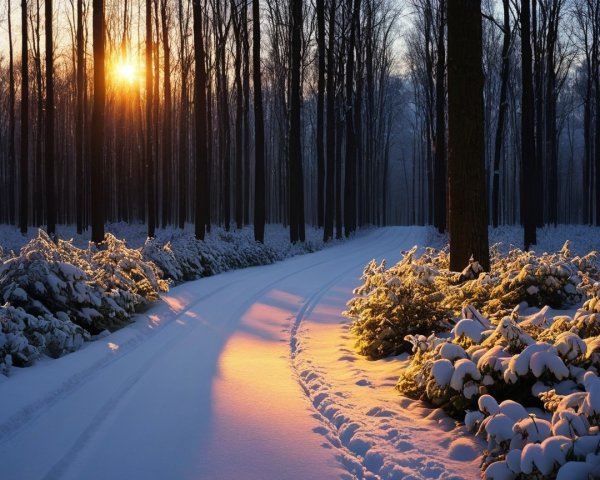 Serene Winter Landscape with Snow-Covered Forest Path