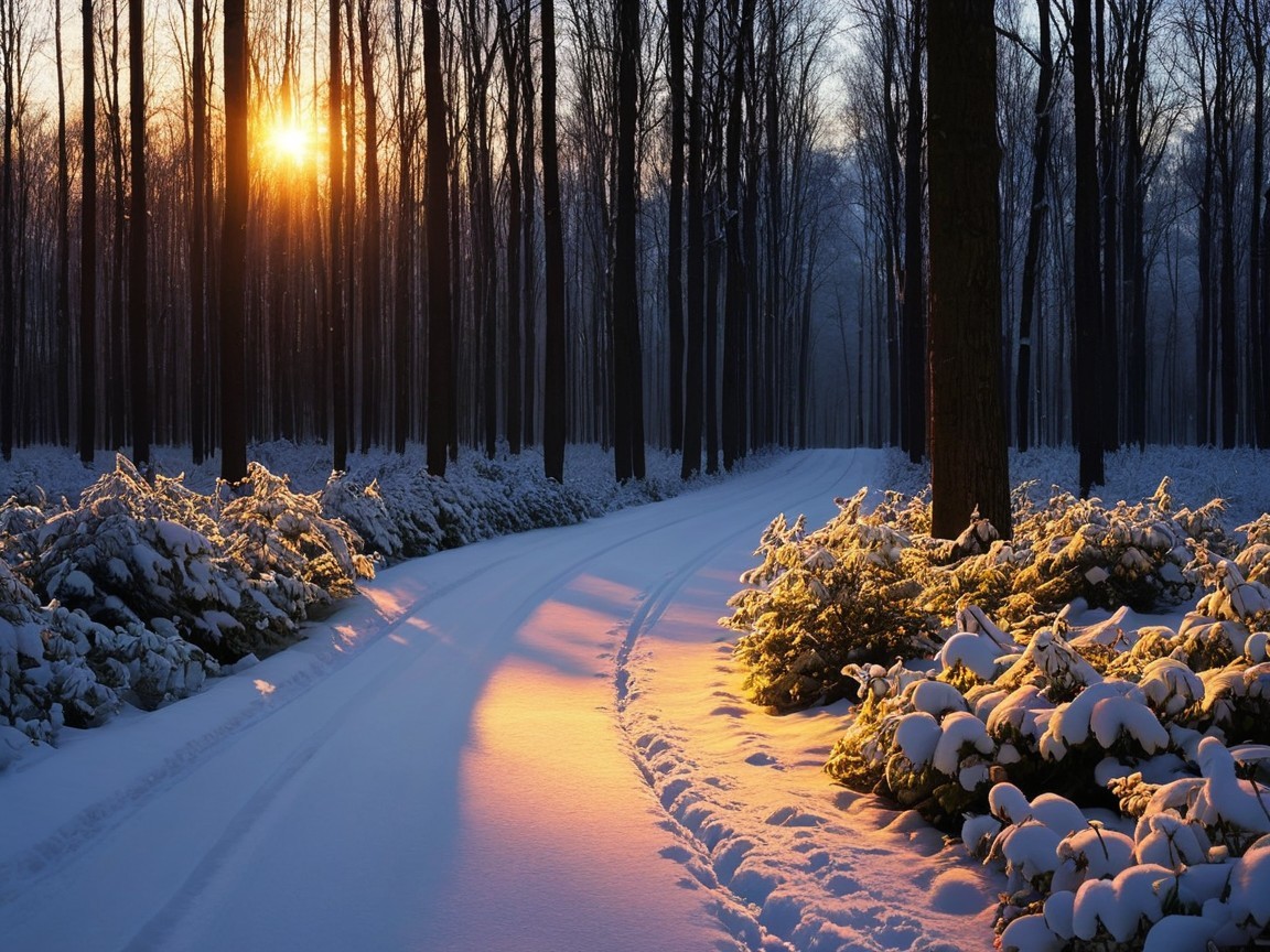 Serene Winter Landscape with Snow-Covered Forest Path