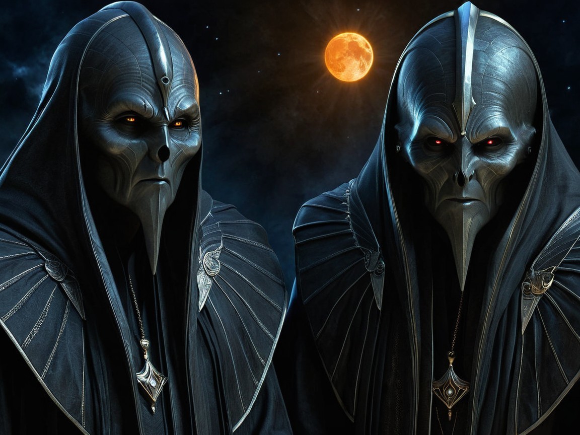 Ominous Alien Figures in Dark Robes Under Starry Sky