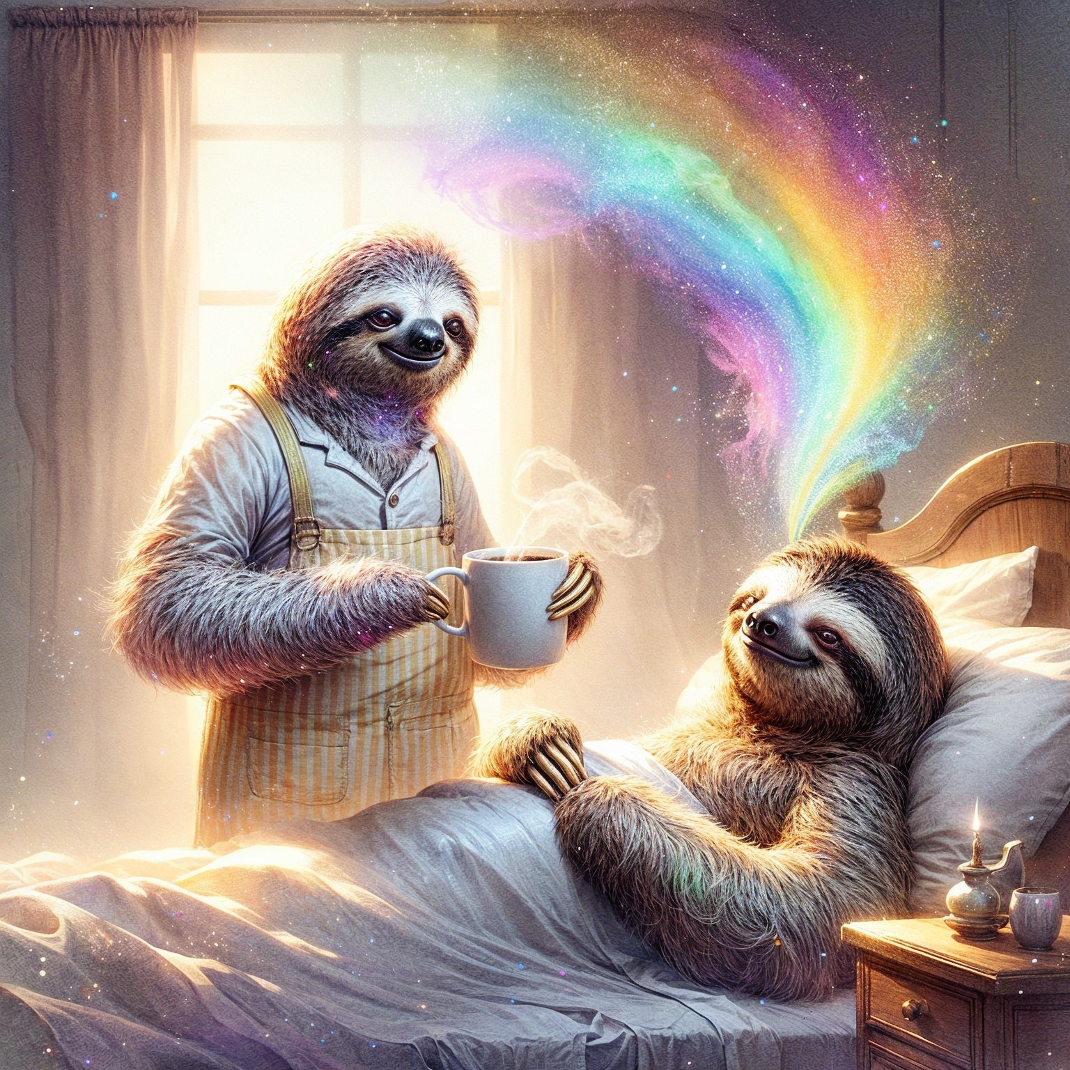Cozy Bedroom with Sloths and Whimsical Rainbow