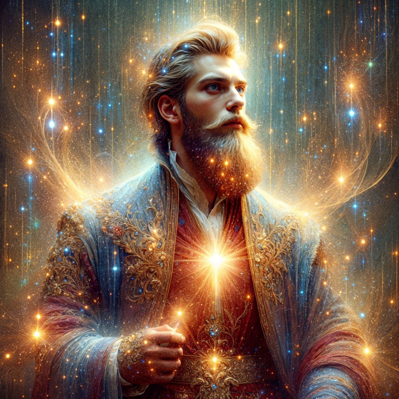 Regal Man in Ornate Robe with Mystical Atmosphere