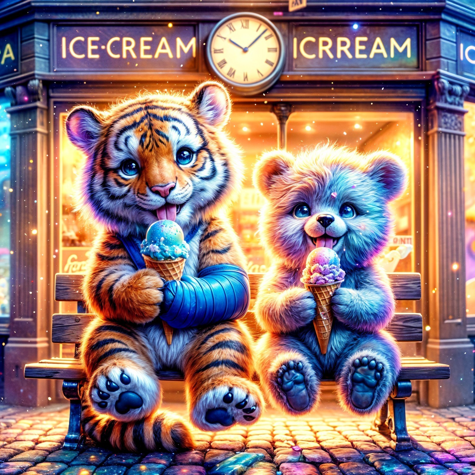 Cartoon Tiger and Bear Enjoy Ice Cream in Park