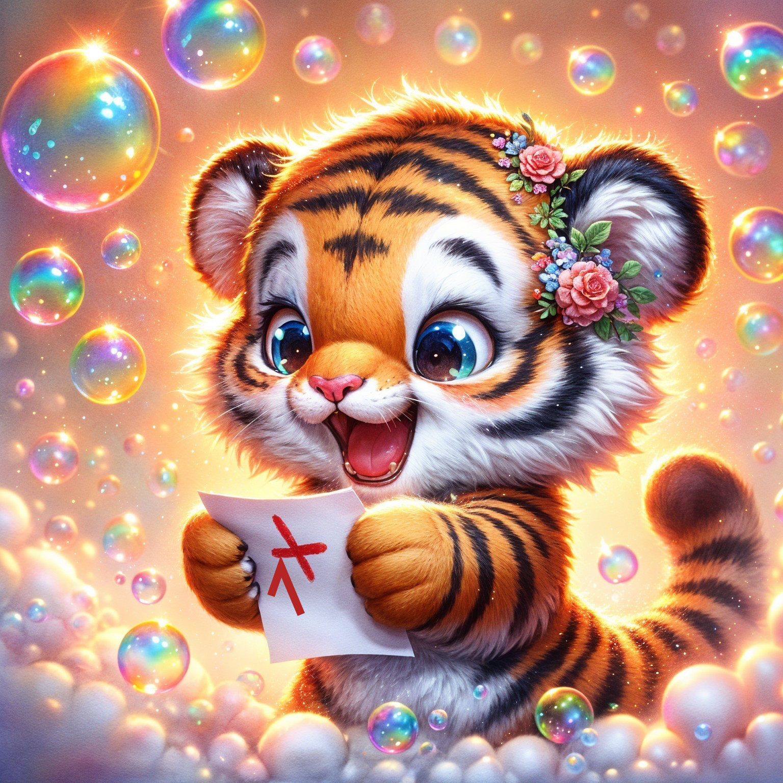 Animated Baby Tiger with Flower Crown and Bubbles