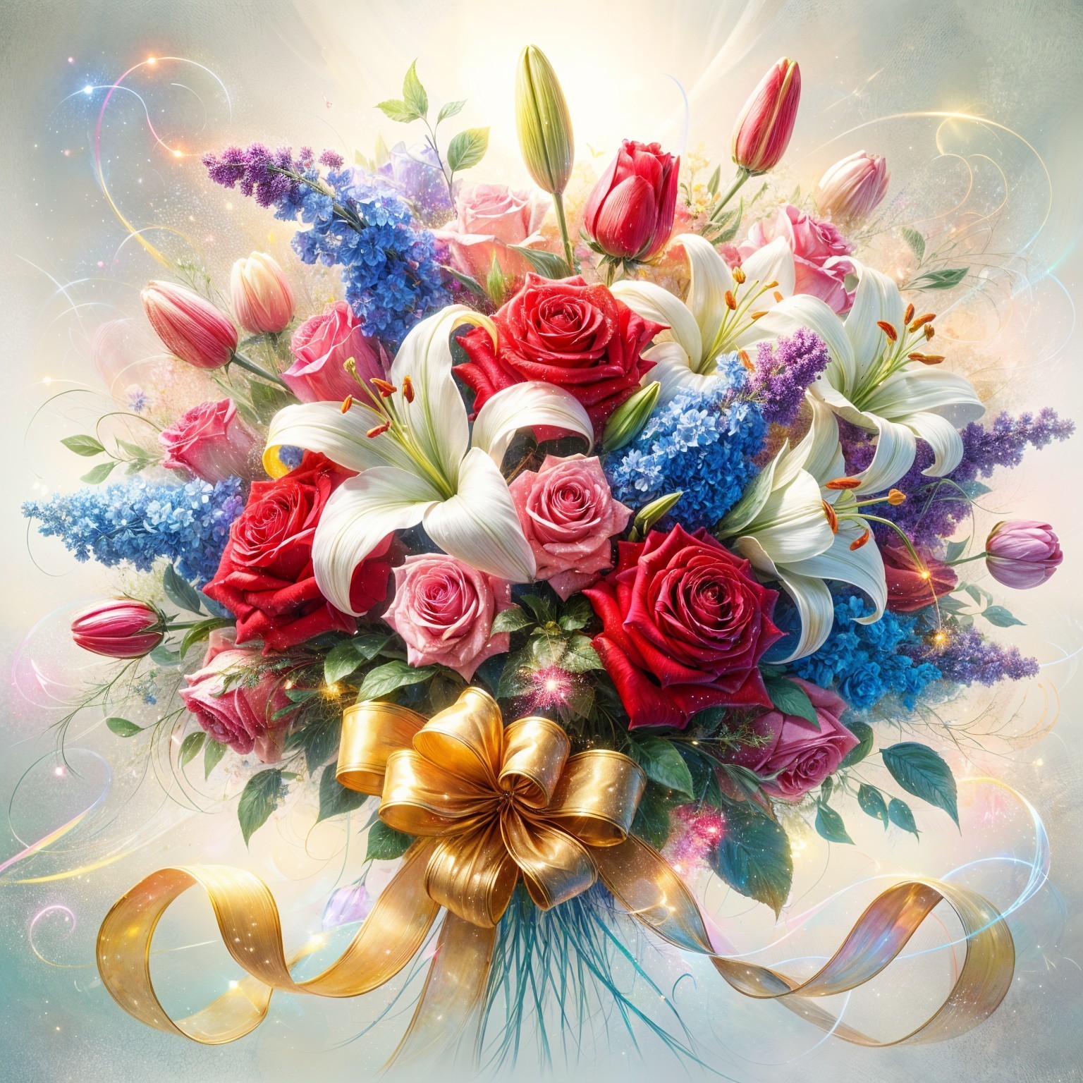 Vibrant Floral Bouquet with Roses, Lilies, and Delphiniums