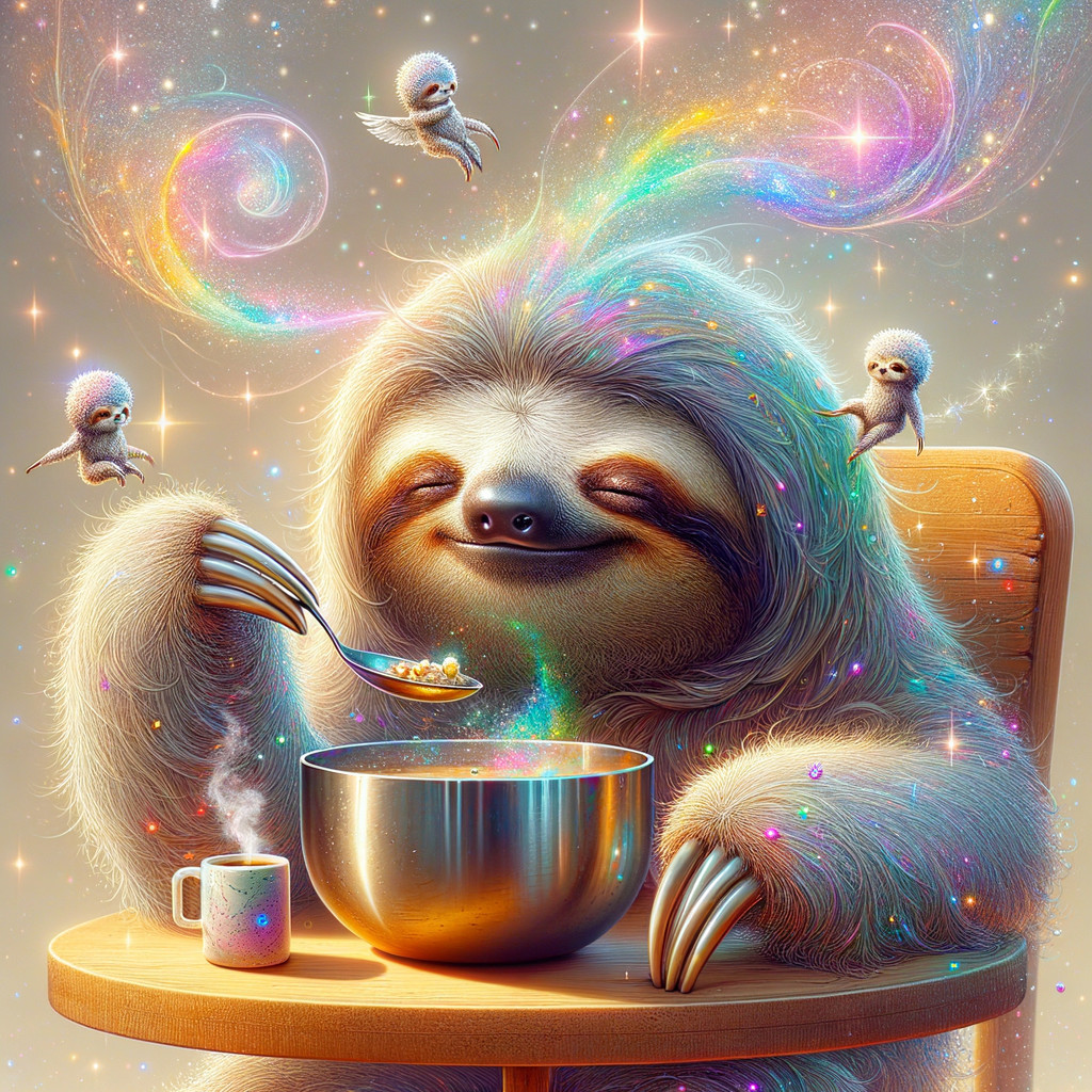 Cheerful Sloth Enjoying Colorful Cereal in Magic Scene