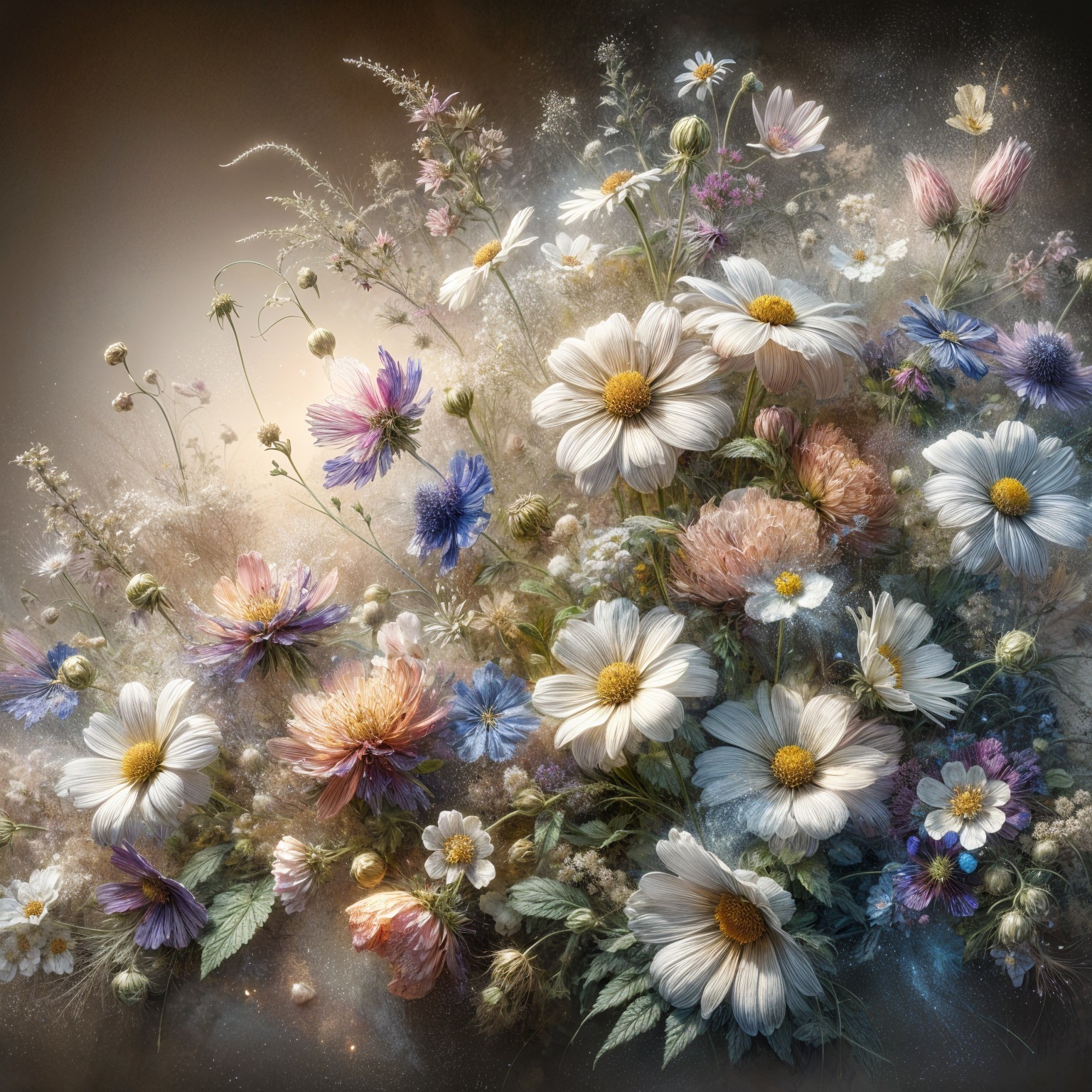 Vibrant Bouquet of Daisies and Wildflowers in Pastels