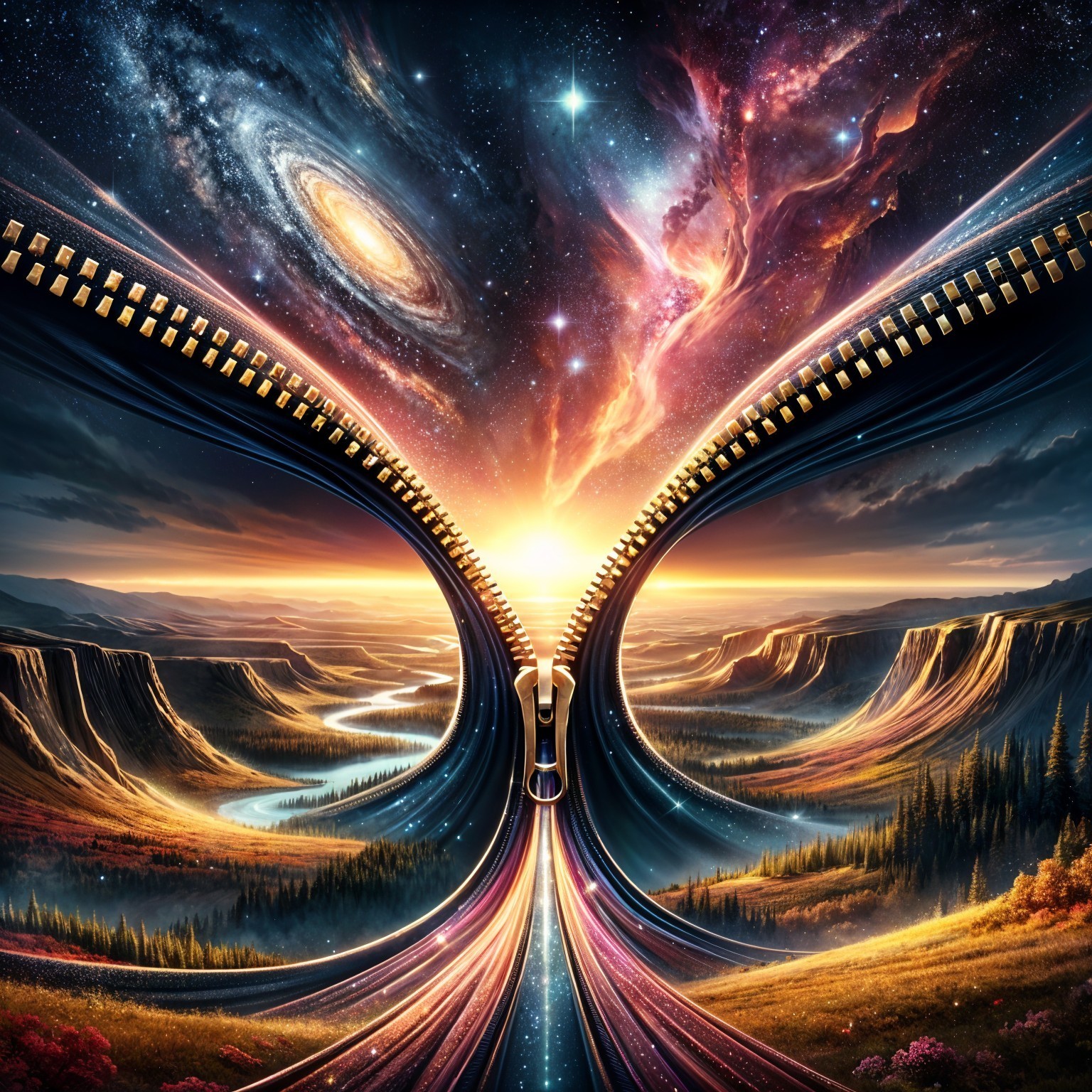 Cosmic Landscape with Zipper Revealing Vibrant Universe
