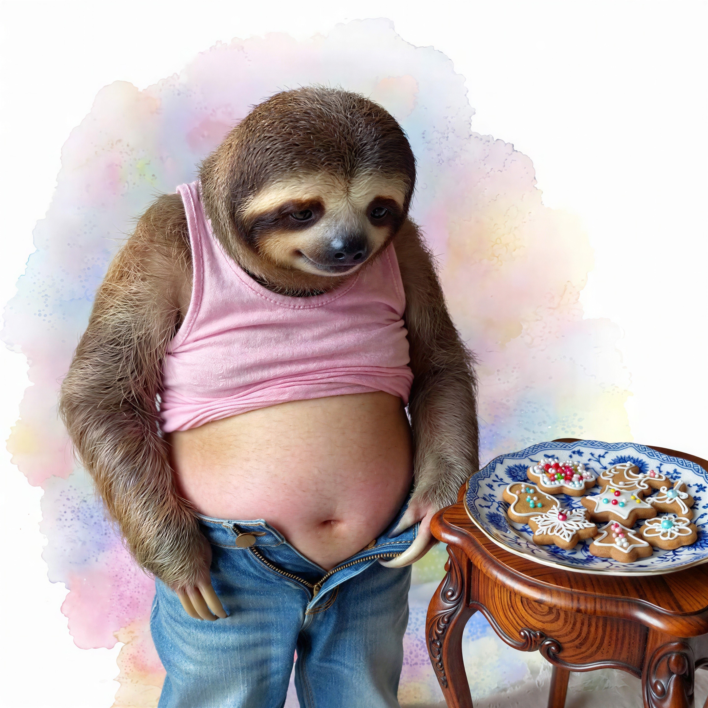 Brown Sloth in Jeans with Gingerbread Cookies Display