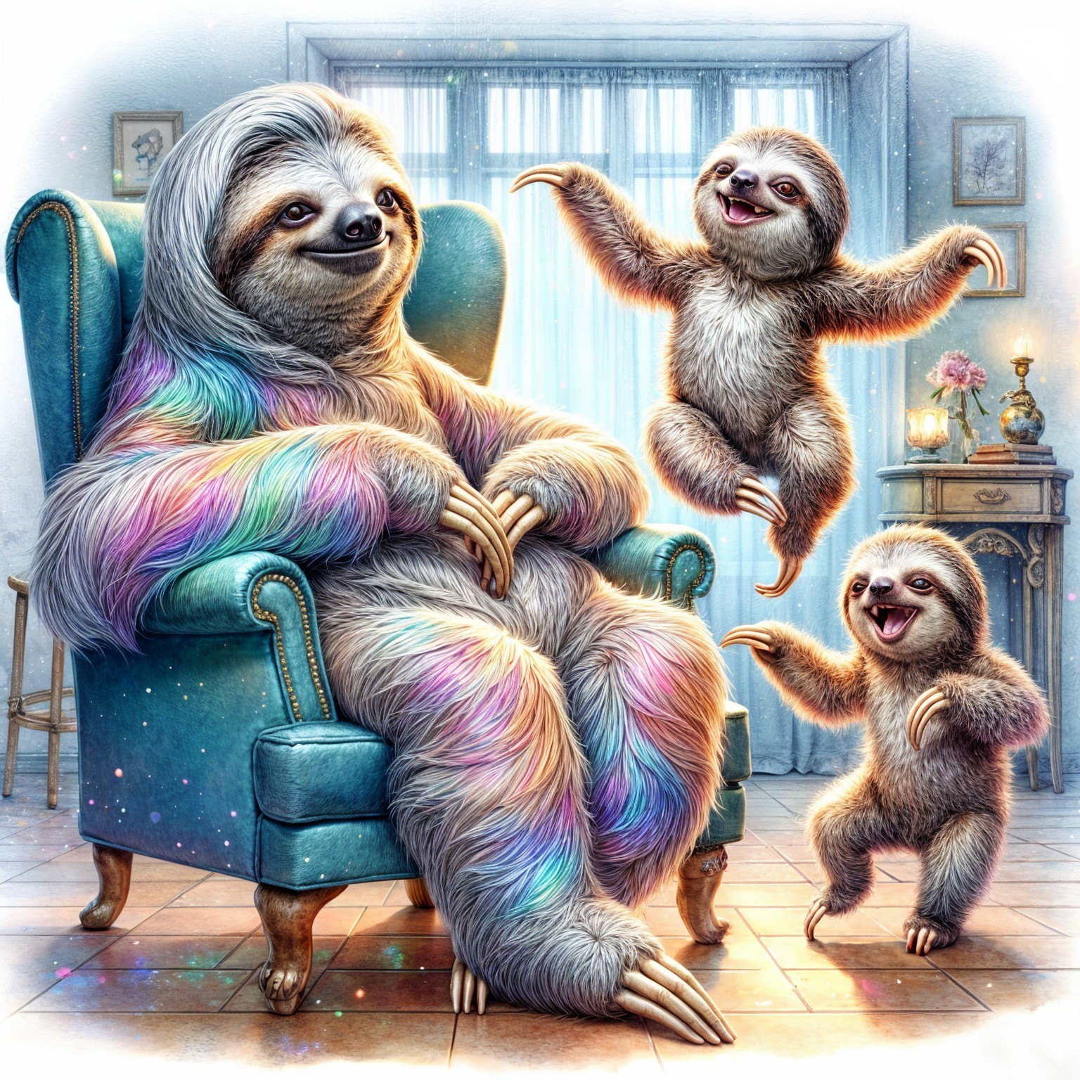 Cozy Room with Colorful Sloths and Soft Lighting