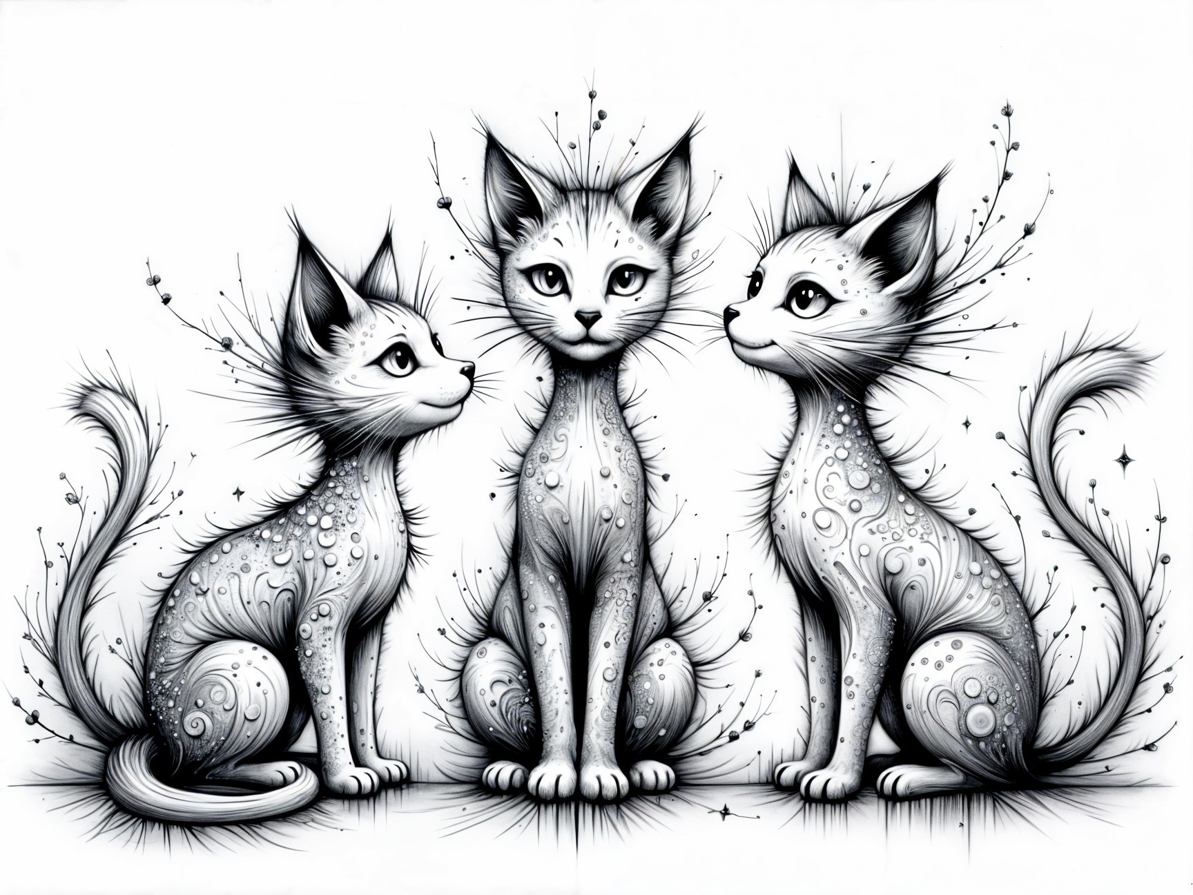 Whimsical Cats with Intricate Patterns and Expressions