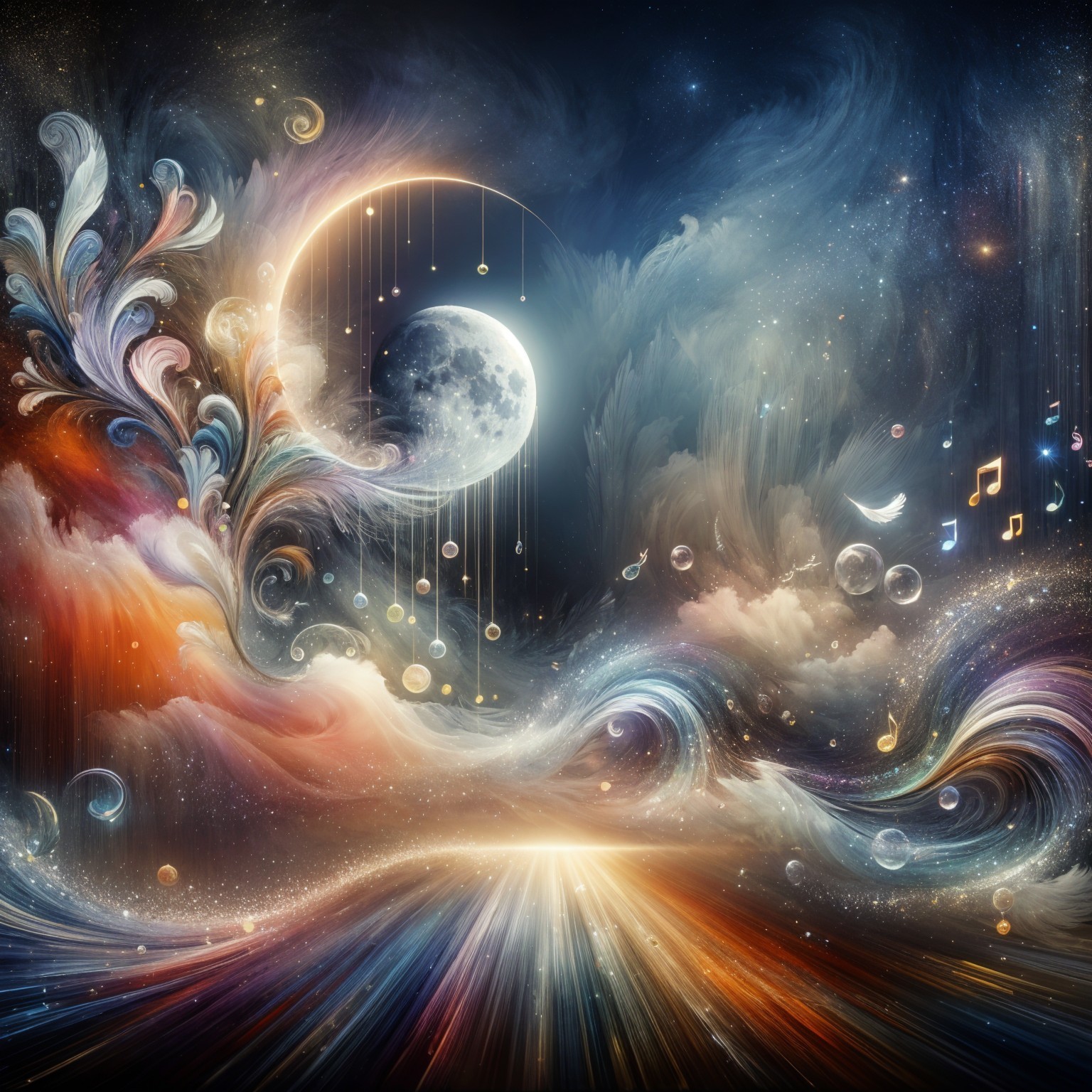 Vibrant Cosmic Scene with Moon and Musical Notes