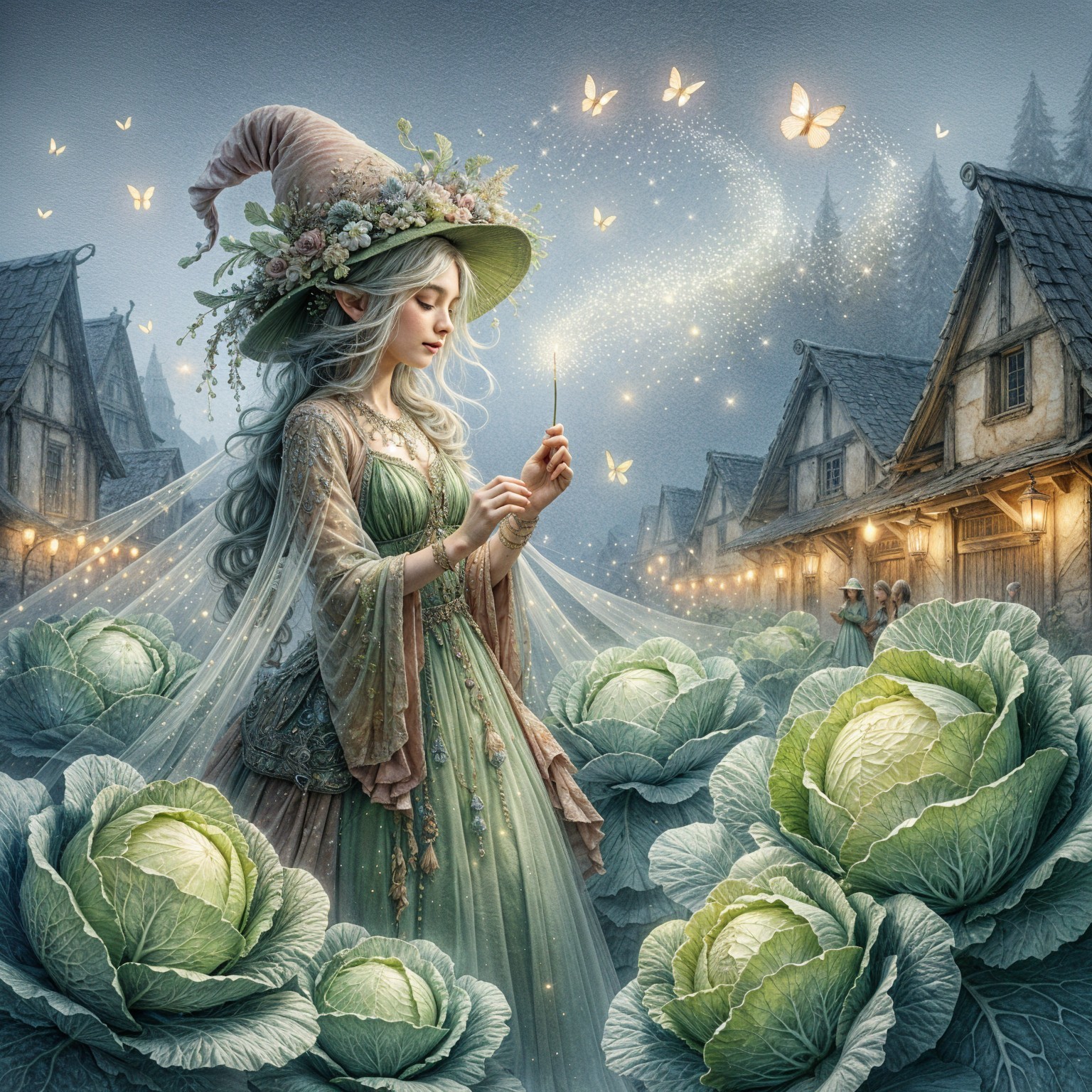 Fairy in Pastel Gown Among Lush Cabbages and Butterflies