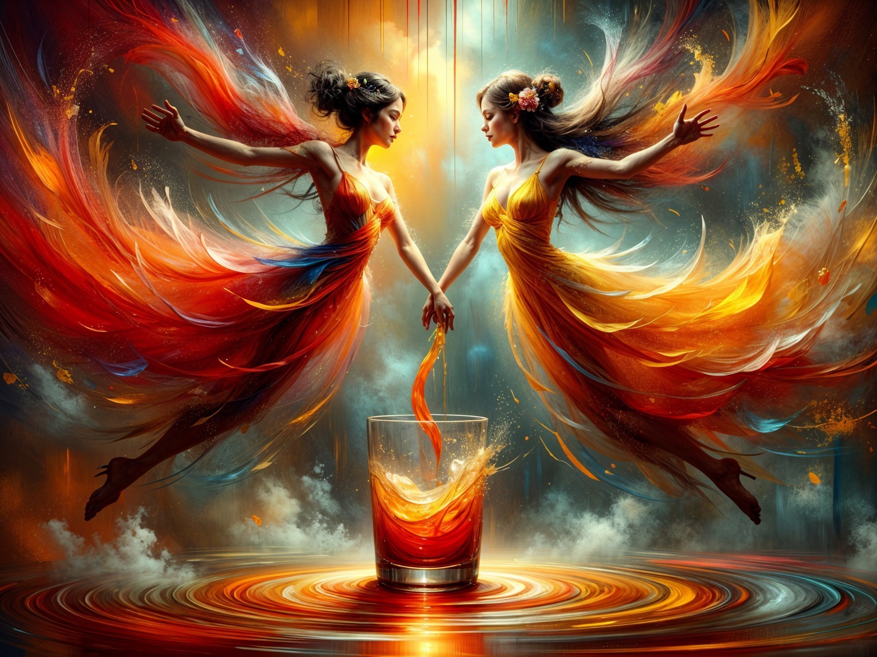 Ethereal Figures in Flowing Red and Orange Dresses
