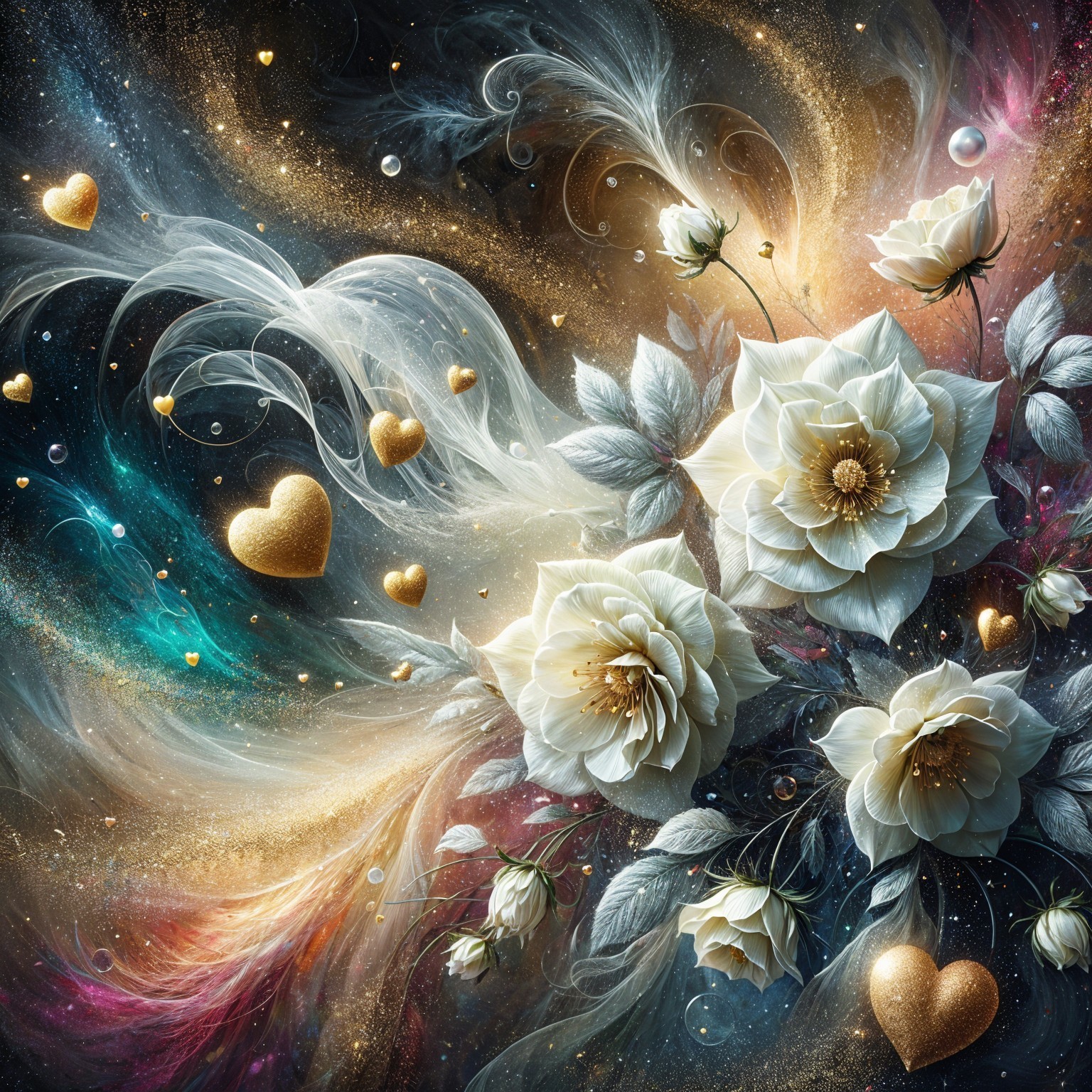 Digital Artwork of White Roses in Cosmic Colors