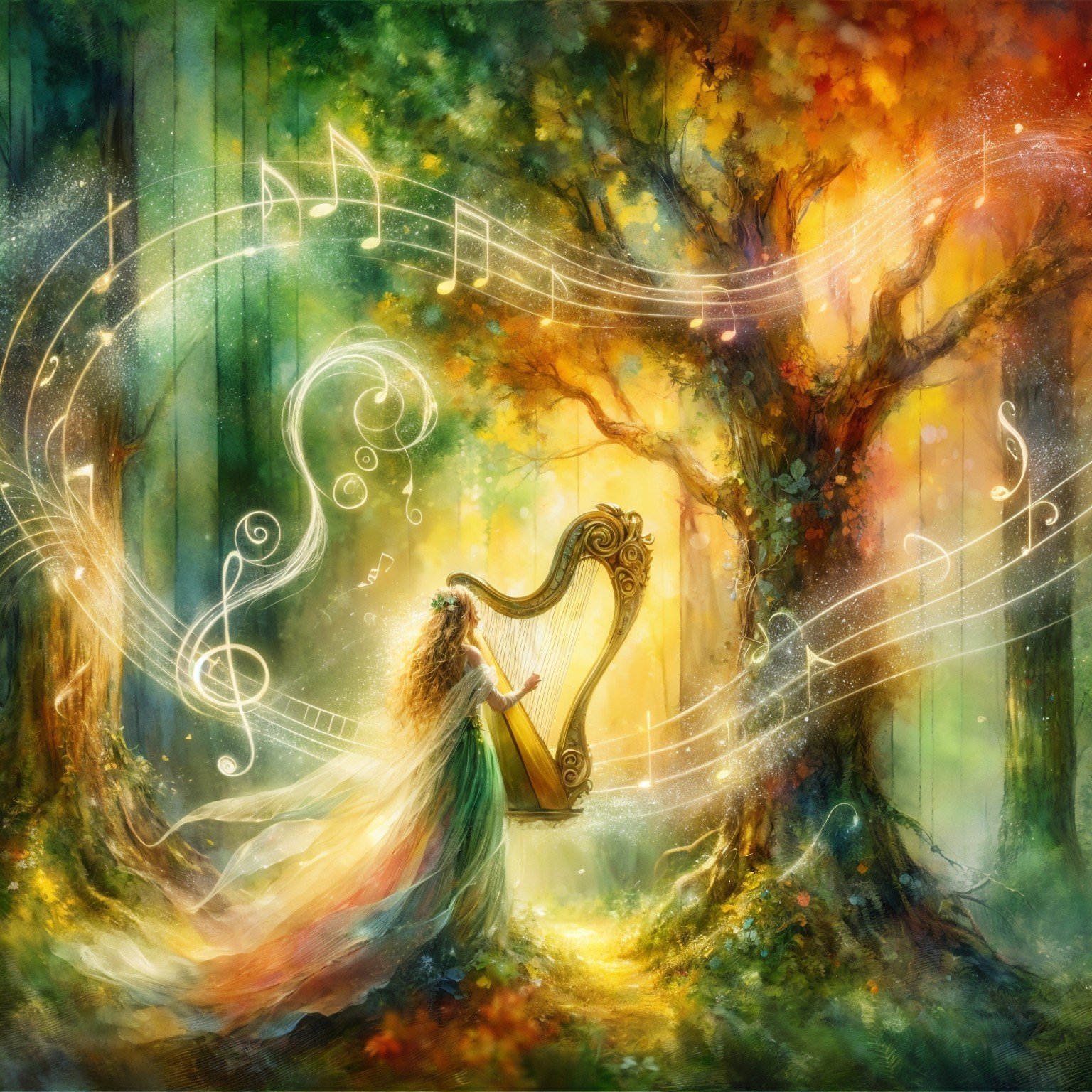 Ethereal Figure Playing Harp in Magical Forest
